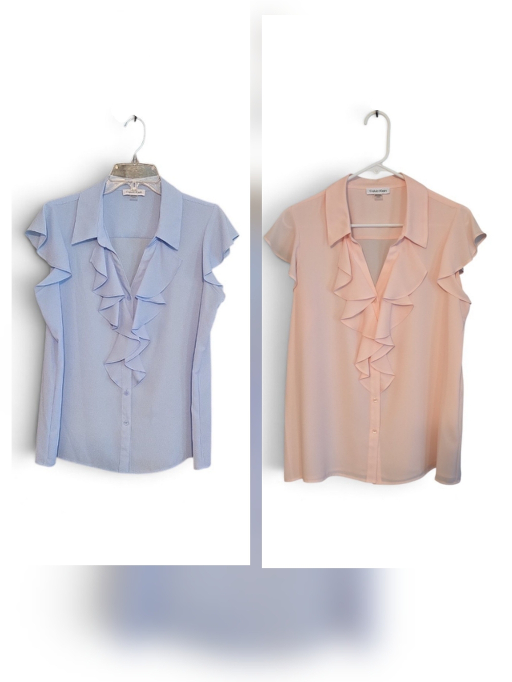 Set Of 2 Calvin Klien Ruffle Cap Sleeve Blouse - Light Blue / Blush Size L